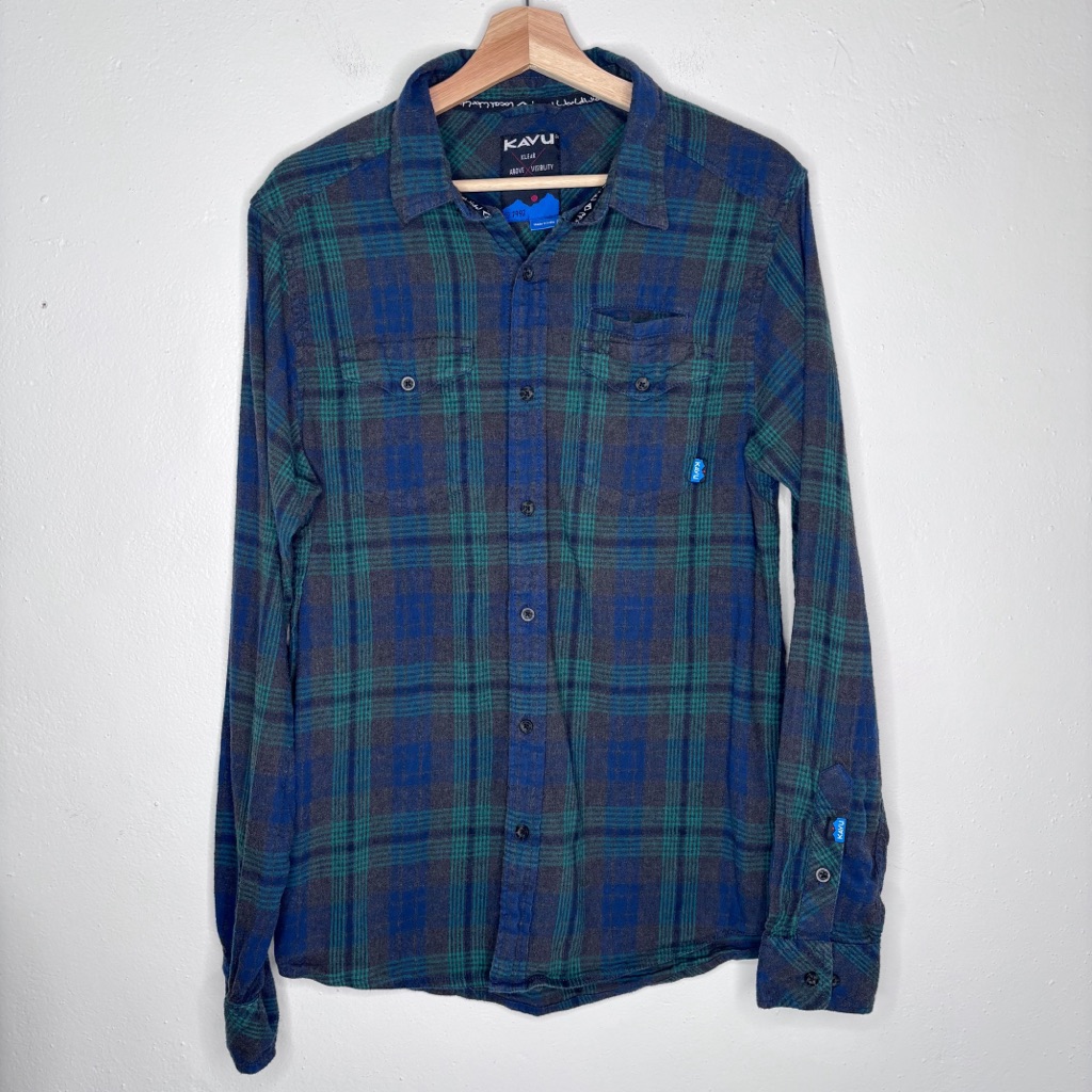 Kavu Blue Green Plaid Button Down Cotton Flannel Shirt Size Small